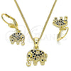 Juego de Arete y Dije de Adulto 10.316.0020.2 Oro Laminado, Diseño de Elefante, con Negro Zirconia Cubica, Pulido, Tono Dorado