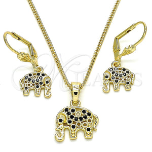 Juego de Arete y Dije de Adulto 10.316.0020.2 Oro Laminado, Diseño de Elefante, con Negro Zirconia Cubica, Pulido, Tono Dorado