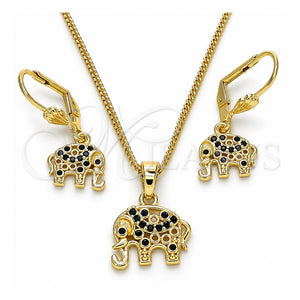 Juego de Arete y Dije de Adulto 10.316.0020.2 Oro Laminado, Diseño de Elefante, con Negro Zirconia Cubica, Pulido, Tono Dorado