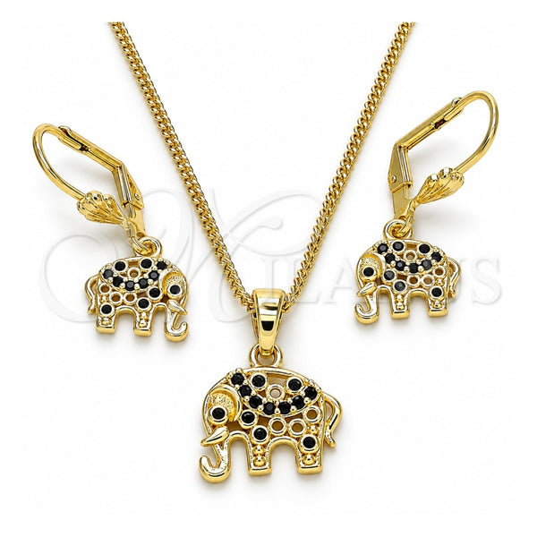 Juego de Arete y Dije de Adulto 10.316.0020.2 Oro Laminado, Diseño de Elefante, con Negro Zirconia Cubica, Pulido, Tono Dorado