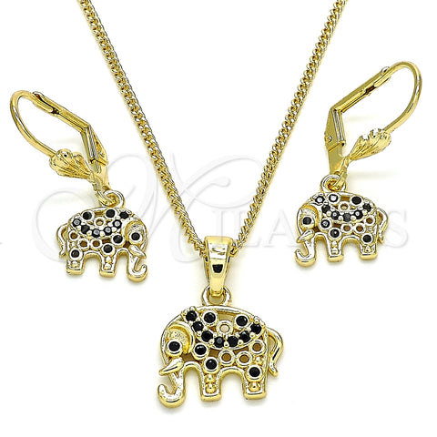 Juego de Arete y Dije de Adulto 10.316.0020.2 Oro Laminado, Diseño de Elefante, con Negro Zirconia Cubica, Pulido, Tono Dorado