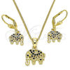 Juego de Arete y Dije de Adulto 10.316.0020.2 Oro Laminado, Diseño de Elefante, con Negro Zirconia Cubica, Pulido, Tono Dorado