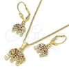 Juego de Arete y Dije de Adulto 10.316.0020.3 Oro Laminado, Diseño de Elefante, con Granate Zirconia Cubica, Pulido, Tono Dorado