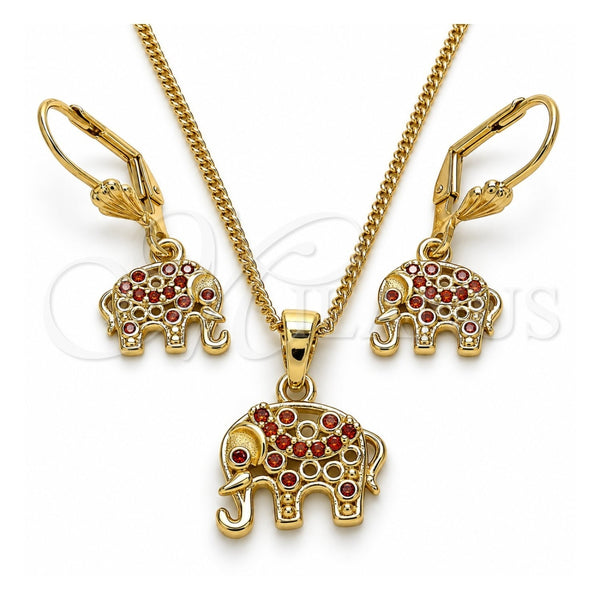 Juego de Arete y Dije de Adulto 10.316.0020.3 Oro Laminado, Diseño de Elefante, con Granate Zirconia Cubica, Pulido, Tono Dorado