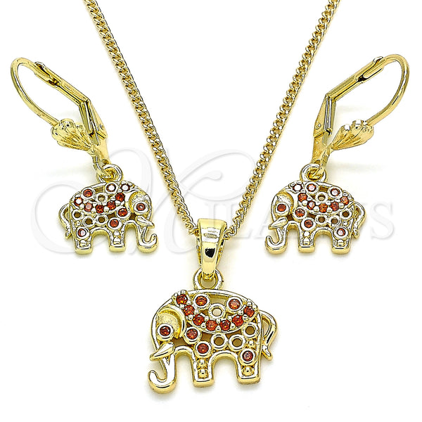 Juego de Arete y Dije de Adulto 10.316.0020.3 Oro Laminado, Diseño de Elefante, con Granate Zirconia Cubica, Pulido, Tono Dorado