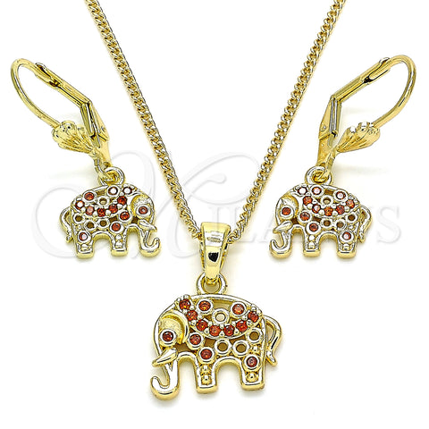 Juego de Arete y Dije de Adulto 10.316.0020.3 Oro Laminado, Diseño de Elefante, con Granate Zirconia Cubica, Pulido, Tono Dorado