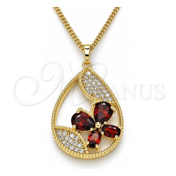 Collares con Dije 04.284.0022.1.20 Oro Laminado, Diseño de Gota y Mariposa, con Zirconia Cubica Granate y Micro Pave Blanca, Pulido, Tono Dorado (Grosor 02 MM, 20 Pulgadas de Largo)