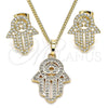 Juego de Arete y Dije de Adulto 10.284.0005 Oro Laminado, Diseño de Mano de Dios y Judaica, con Micro Pave Blanca, Pulido, Tono Dorado