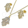 Juego de Arete y Dije de Adulto 10.284.0005 Oro Laminado, Diseño de Mano de Dios y Judaica, con Micro Pave Blanca, Pulido, Tono Dorado