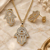 Juego de Arete y Dije de Adulto 10.284.0005 Oro Laminado, Diseño de Mano de Dios y Judaica, con Micro Pave Blanca, Pulido, Tono Dorado