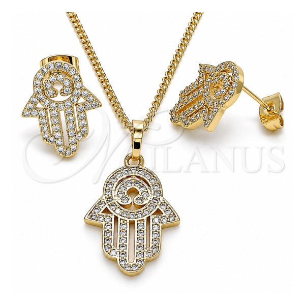 Juego de Arete y Dije de Adulto 10.284.0005 Oro Laminado, Diseño de Mano de Dios y Judaica, con Micro Pave Blanca, Pulido, Tono Dorado