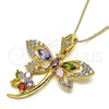 Collares con Dije 04.283.0014.2.20 Oro Laminado, Diseño de Libélula y Flor, con Multicolor Zirconia Cubica, Pulido, Tono Dorado (02 MM Thickness, 20 Inches Length)