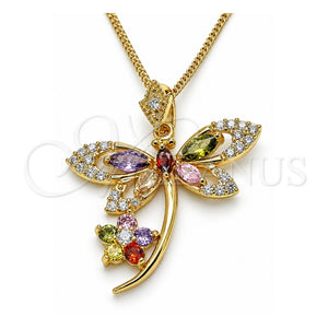 Collares con Dije 04.283.0014.2.20 Oro Laminado, Diseño de Libélula y Flor, con Multicolor Zirconia Cubica, Pulido, Tono Dorado (02 MM Thickness, 20 Inches Length)