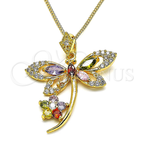 Collares con Dije 04.283.0014.2.20 Oro Laminado, Diseño de Libélula y Flor, con Multicolor Zirconia Cubica, Pulido, Tono Dorado (02 MM Thickness, 20 Inches Length)