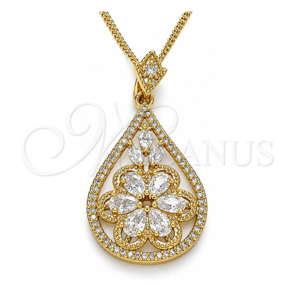 Collares con Dije 04.283.0021.20 Oro Laminado, Diseño de Gota y Flor, con Blanca Zirconia Cubica, Pulido, Tono Dorado (02 MM Thickness, 20 Inches Length)