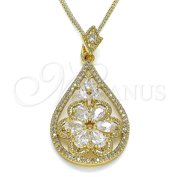 Collares con Dije 04.283.0021.20 Oro Laminado, Diseño de Gota y Flor, con Blanca Zirconia Cubica, Pulido, Tono Dorado (02 MM Thickness, 20 Inches Length)