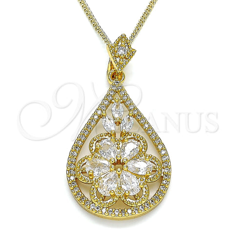 Collares con Dije 04.283.0021.20 Oro Laminado, Diseño de Gota y Flor, con Blanca Zirconia Cubica, Pulido, Tono Dorado (02 MM Thickness, 20 Inches Length)