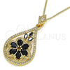 Collares con Dije 04.283.0021.1.20 Oro Laminado, Diseño de Gota y Flor, con Negro and Blanca Zirconia Cubica, Pulido, Tono Dorado (02 MM Thickness, 20 Inches Length)
