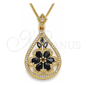 Collares con Dije 04.283.0021.1.20 Oro Laminado, Diseño de Gota y Flor, con Negro and Blanca Zirconia Cubica, Pulido, Tono Dorado (02 MM Thickness, 20 Inches Length)