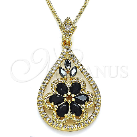Collares con Dije 04.283.0021.1.20 Oro Laminado, Diseño de Gota y Flor, con Negro and Blanca Zirconia Cubica, Pulido, Tono Dorado (02 MM Thickness, 20 Inches Length)