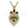 Collares con Dije 04.283.0026.1.20 Oro Laminado, Diseño de Corazón y Gota, con Zirconia Cubica Negro y Blanca, Pulido, Tono Dorado (Grosor 02 MM, 20 Pulgadas de Largo)