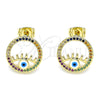 Arete Dormilona 02.341.0043 Oro Laminado, Diseño de Ojo Griego, con Multicolor Micro Pave, Esmaltado Azul, Tono Dorado