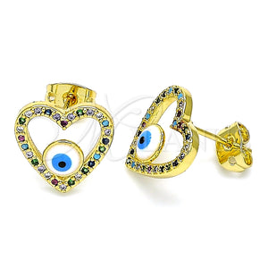 Arete Dormilona 02.341.0045 Oro Laminado, Diseño de Ojo Griego y Corazón, con Multicolor Micro Pave, Esmaltado Blanco, Tono Dorado