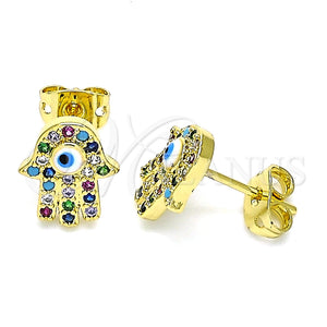 Arete Dormilona 02.341.0046 Oro Laminado, Diseño de Mano de Dios y Ojo Griego, con Micro Pave Multicolor, Esmaltado Blanco, Tono Dorado