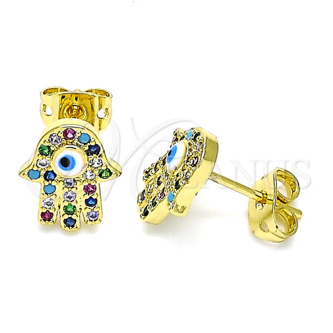 Arete Dormilona 02.341.0046 Oro Laminado, Diseño de Mano de Dios y Ojo Griego, con Multicolor Micro Pave, Esmaltado Blanco, Tono Dorado