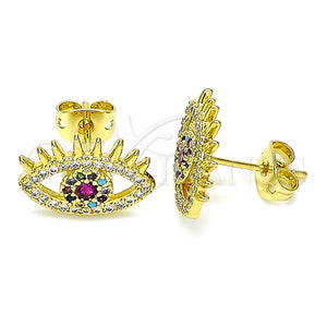 Arete Dormilona 02.341.0048 Oro Laminado, Diseño de Ojo Griego, con Rubi Zirconia Cubica and Multicolor Micro Pave, Pulido, Tono Dorado