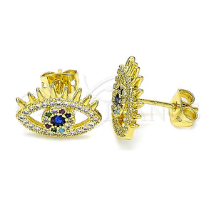 Arete Dormilona 02.341.0048.1 Oro Laminado, Diseño de Ojo Griego, con Zafiro Azul Zirconia Cubica and Multicolor Micro Pave, Pulido, Tono Dorado