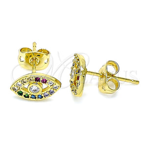 Arete Dormilona 02.341.0049 Oro Laminado, Diseño de Ojo Griego, con Blanca Zirconia Cubica and Multicolor Micro Pave, Pulido, Tono Dorado