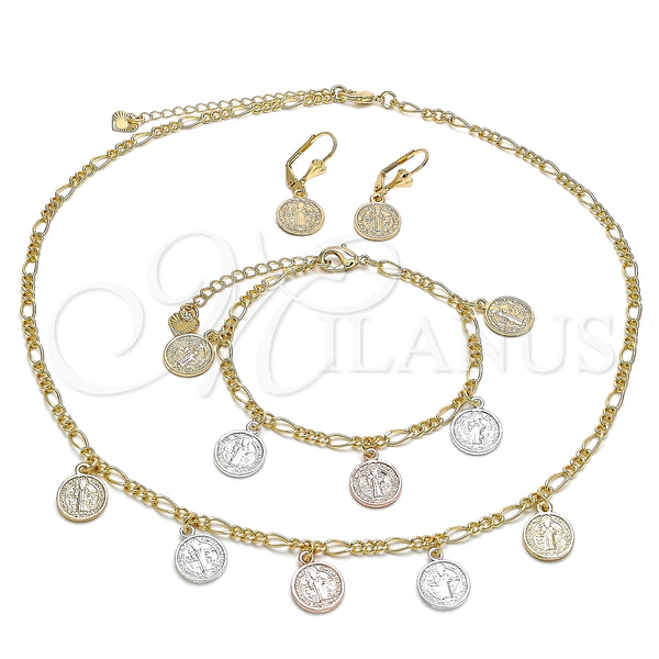 Collar, Pulsera y Dije 06.351.0001 Oro Laminado, Diseño de San Benito, Pulido, Tres Tonos