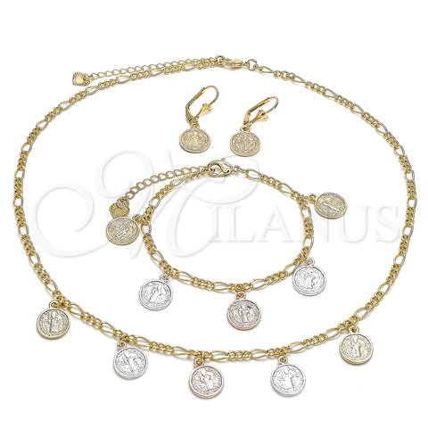 Collar, Pulsera y Dije 06.351.0001 Oro Laminado, Diseño de San Benito, Pulido, Tres Tonos