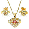 Juego de Arete y Dije de Adulto 10.210.0119 Oro Laminado, Diseño de Corazón, con Granate and Blanca Zirconia Cubica, Pulido, Tono Dorado