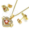 Juego de Arete y Dije de Adulto 10.210.0119 Oro Laminado, Diseño de Corazón, con Granate and Blanca Zirconia Cubica, Pulido, Tono Dorado