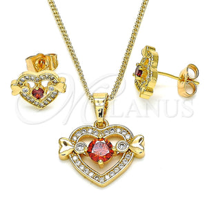 Juego de Arete y Dije de Adulto 10.210.0119 Oro Laminado, Diseño de Corazón, con Granate and Blanca Zirconia Cubica, Pulido, Tono Dorado