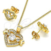 Juego de Arete y Dije de Adulto 10.210.0119.1 Oro Laminado, Diseño de Corazón, con Blanca Zirconia Cubica, Pulido, Tono Dorado