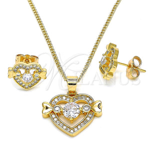 Juego de Arete y Dije de Adulto 10.210.0119.1 Oro Laminado, Diseño de Corazón, con Blanca Zirconia Cubica, Pulido, Tono Dorado