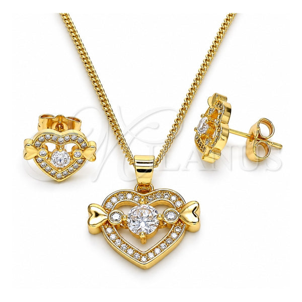 Juego de Arete y Dije de Adulto 10.210.0119.1 Oro Laminado, Diseño de Corazón, con Blanca Zirconia Cubica, Pulido, Tono Dorado