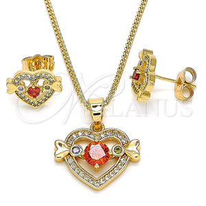 Juego de Arete y Dije de Adulto 10.210.0119.2 Oro Laminado, Diseño de Corazón, con Multicolor Zirconia Cubica, Pulido, Tono Dorado