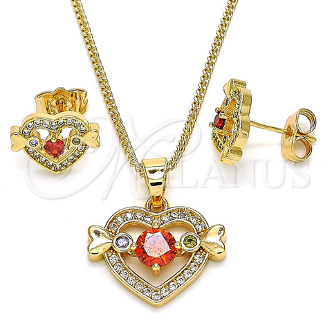 Juego de Arete y Dije de Adulto 10.210.0119.2 Oro Laminado, Diseño de Corazón, con Multicolor Zirconia Cubica, Pulido, Tono Dorado