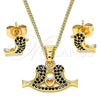 Juego de Arete y Dije de Adulto 10.210.0120 Oro Laminado, Diseño de Pajaro y Corazón, con Negro Micro Pave, Pulido, Tono Dorado