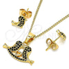 Juego de Arete y Dije de Adulto 10.210.0120 Oro Laminado, Diseño de Pajaro y Corazón, con Negro Micro Pave, Pulido, Tono Dorado