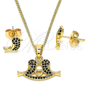 Juego de Arete y Dije de Adulto 10.210.0120 Oro Laminado, Diseño de Pajaro y Corazón, con Negro Micro Pave, Pulido, Tono Dorado