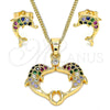 Juego de Arete y Dije de Adulto 10.210.0121.3 Oro Laminado, Diseño de Delfín, con Multicolor Micro Pave and Blanca Zirconia Cubica, Pulido, Tono Dorado