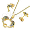 Juego de Arete y Dije de Adulto 10.210.0121.3 Oro Laminado, Diseño de Delfín, con Multicolor Micro Pave and Blanca Zirconia Cubica, Pulido, Tono Dorado