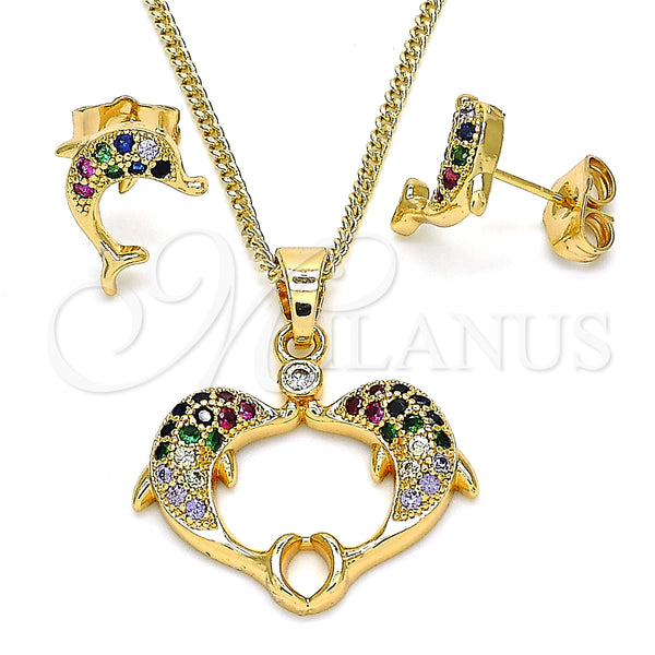 Juego de Arete y Dije de Adulto 10.210.0121.3 Oro Laminado, Diseño de Delfín, con Multicolor Micro Pave and Blanca Zirconia Cubica, Pulido, Tono Dorado