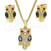 Juego de Arete y Dije de Adulto 10.210.0123.1 Oro Laminado, Diseño de Búho, con Negro and Granate Zirconia Cubica, Pulido, Tono Dorado