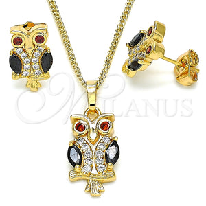 Juego de Arete y Dije de Adulto 10.210.0123.1 Oro Laminado, Diseño de Búho, con Negro and Granate Zirconia Cubica, Pulido, Tono Dorado